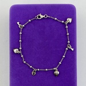 💛 Vintage Sterling Silver Heart Key & Lock Bracelet/Anklet | Charm Link